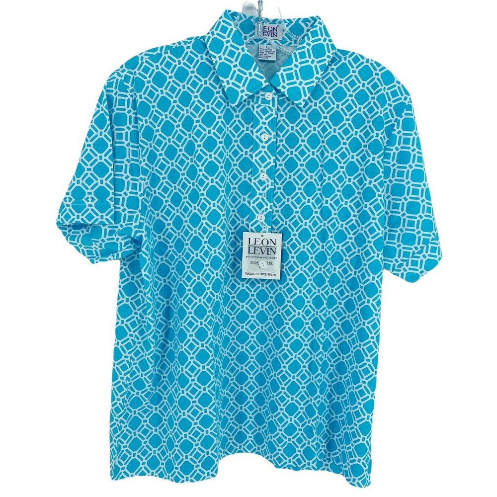 New Leon Levine Polo Womens PL Geometric Print Squares Diamonds Short Sl…